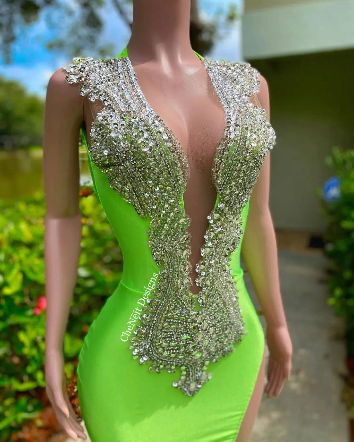 Prom Dree Green Orange Mermaid African Deep V Neck Crytal Ead Lack Girl Long Graduation Dre Plu Size Formal Evening Gown Open Ack Sleevele