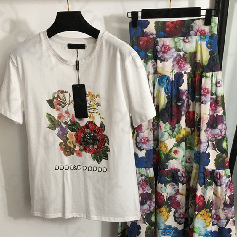 Sequins Beads Shirt Skirt Women Casual Loose Sweatshirt Fashion Printed High Waisted Half Skirt T Shirt 2 Piece Set