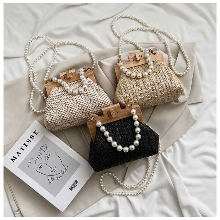 Women s Grass Woven Bag Beach Simple and Sweet Handbag 2024 New Pearl Chain Shoulder 240312