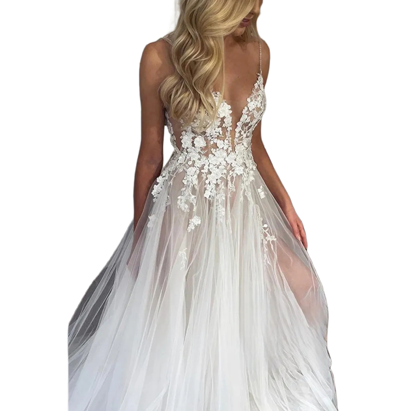 Sexy Backless Spaghetti A e Boho Beach Wedding Dresses Sheer V-Neck Side Split Long Tulle Bridal Gowns Lace Appliques 2024 Summer Bride Dress