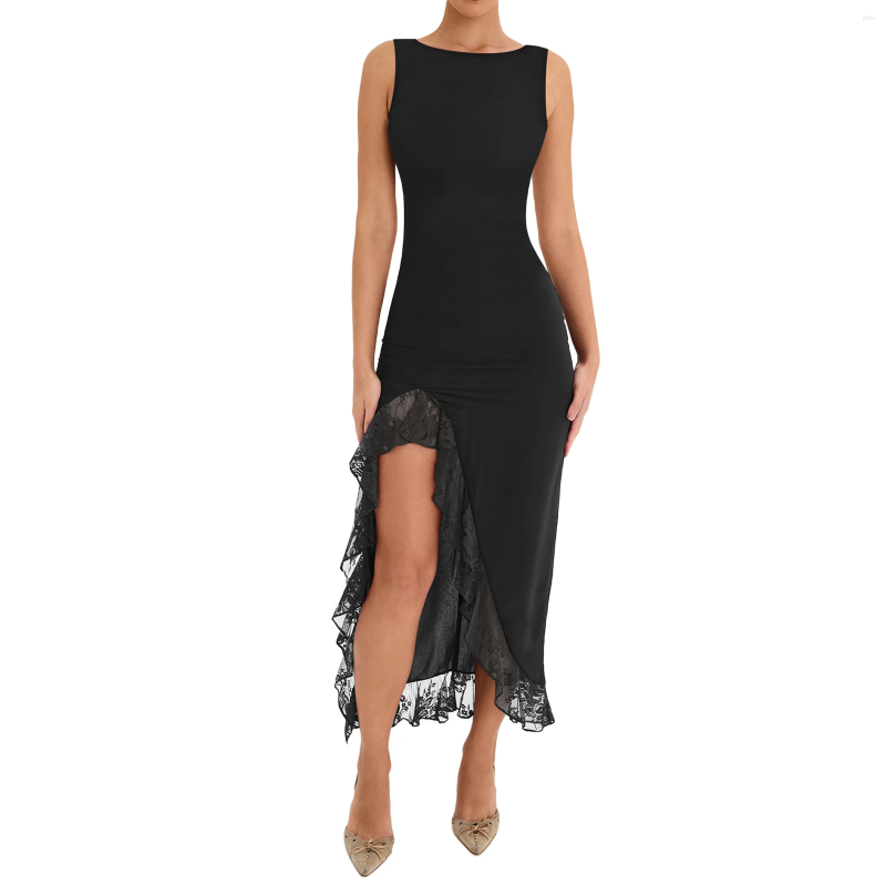 Casual Dresses Women Elegant Ruffle Hem Mermaid Mesh Dress Sleeveless Backless Bodycon Pleated Midi Evening Party