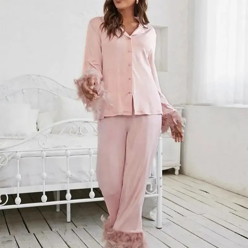 2 Pcs Women Sleepwear Set Long Sleeve and Pants Pajama Elegant Plain Pant Button Front Blouse 240226