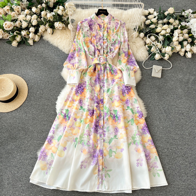Fancy Front Retro Painted Maxi Shirt Dress Women Stand Collar Buttons Cardigan Swing Dresses Long Sleeve Ladies Elegant Printed Office Casual Party Ro
