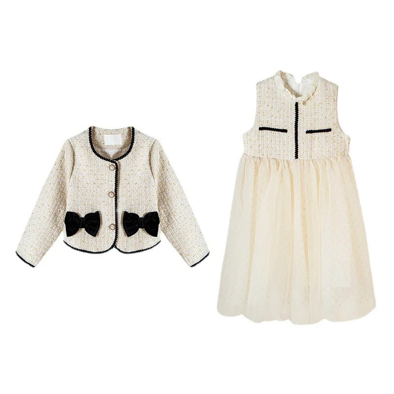 Two Piece Elegant Outfit Girls Tweed Jacket With Kids Princess Dress Set Long Sleeve Blazer Spring Autumn Children Costume TZ191 240227