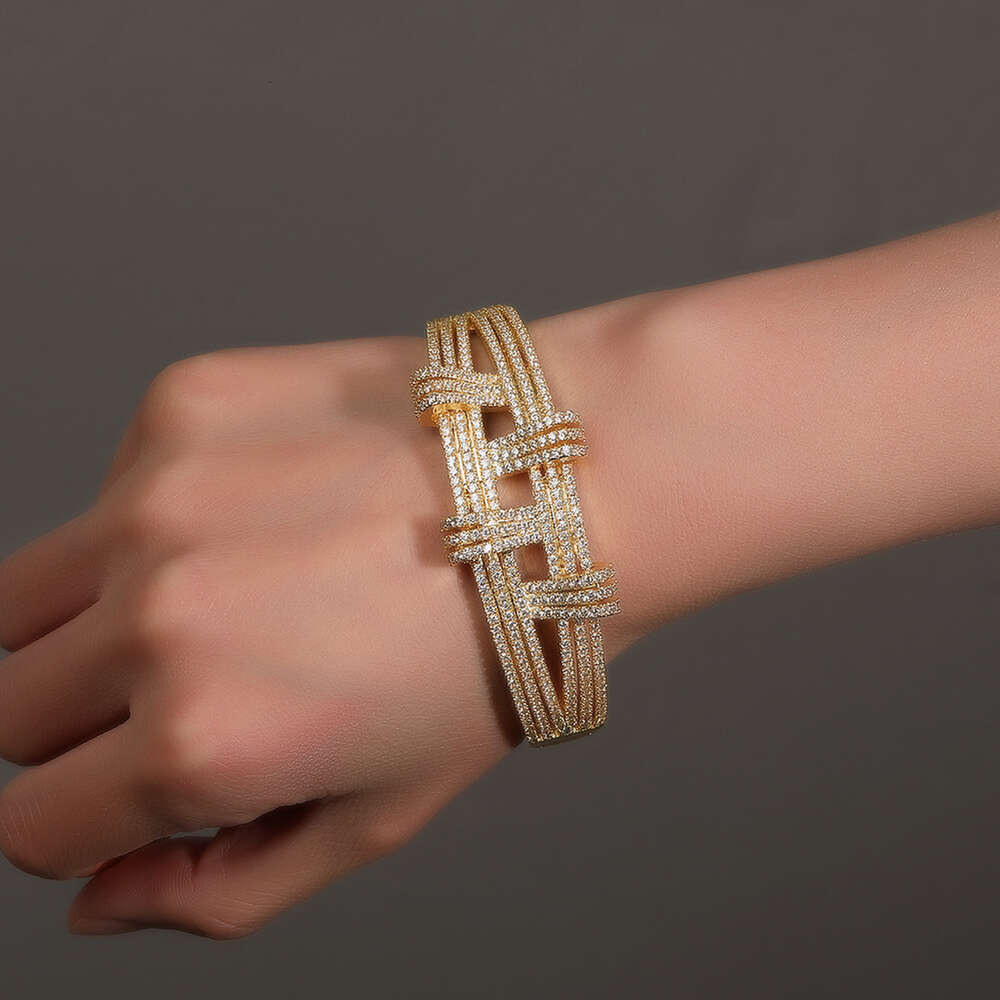 Hip Hop Geometric Double Layer Open Cuff Bangle Bracelet For Men And Women Metal Full Bling Diamond Aesthetic Gold Plated Rapper Cz Stone Jewelry Bijo