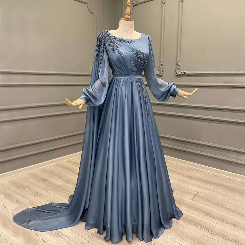 Dust Blue Muslim Beading Evening Dresses Bateau Neck Long Sleeves A E Prom Gowns Sweep Train Chiffon Pleated Formal Dress 0220