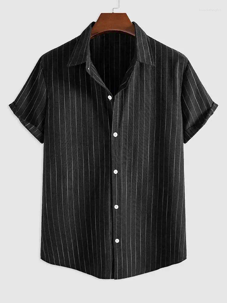 Men's Striped Short-Sleeve Cotton Casual Shirt, Summer Turn-Down Collar Streetwear Tops