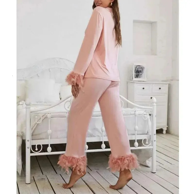 2 Pcs Women Sleepwear Set Long Sleeve and Pants Pajama Elegant Plain Pant Button Front Blouse 240226