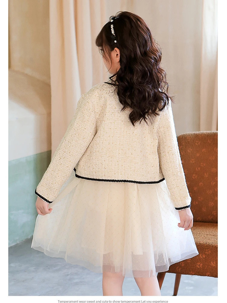 Two Piece Elegant Outfit Girls Tweed Jacket With Kids Princess Dress Set Long Sleeve Blazer Spring Autumn Children Costume TZ191 240227