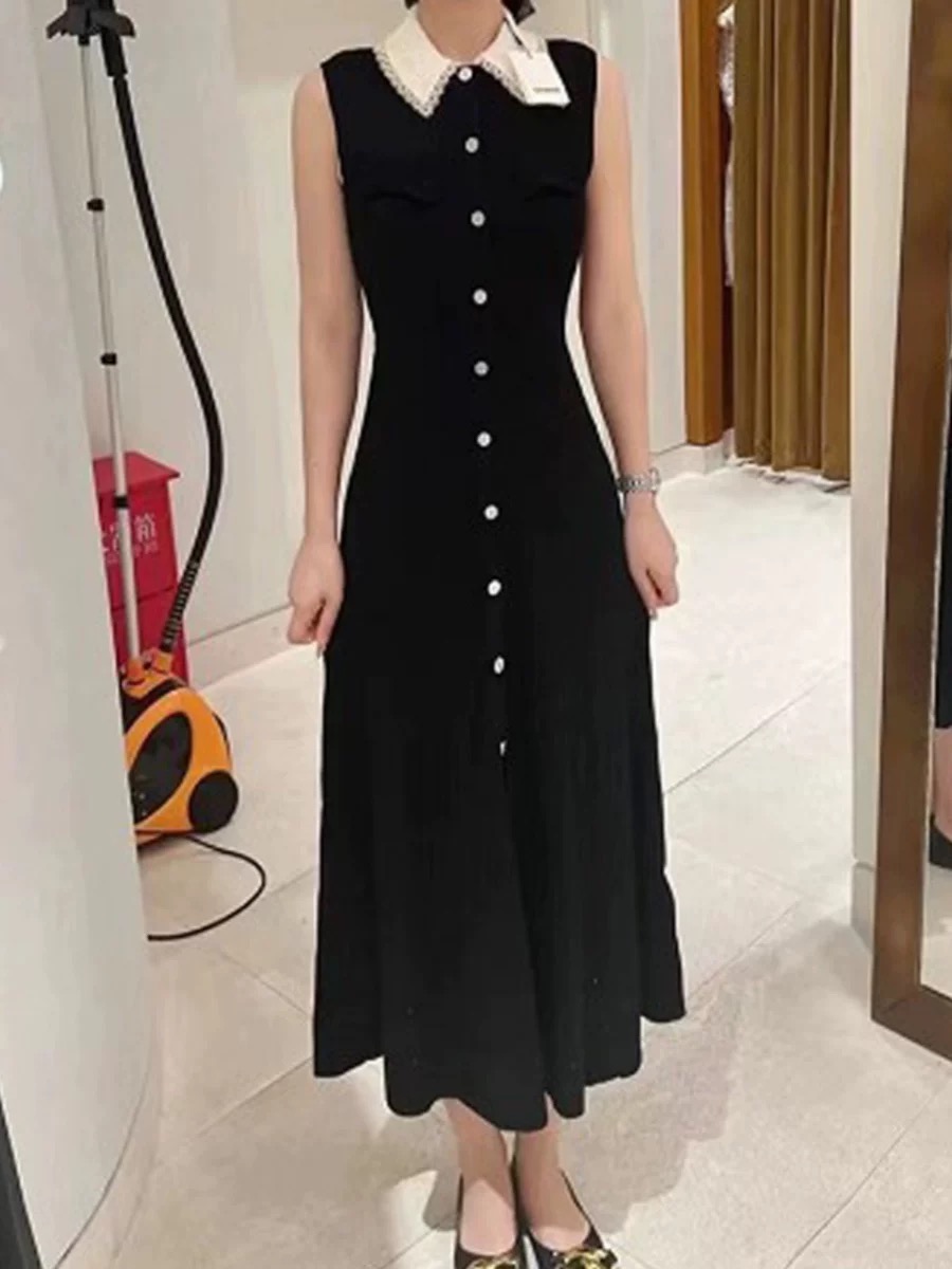 2024 Early Autumn New San ro Lace Contrast Short sleeved Dress Knitted Dress