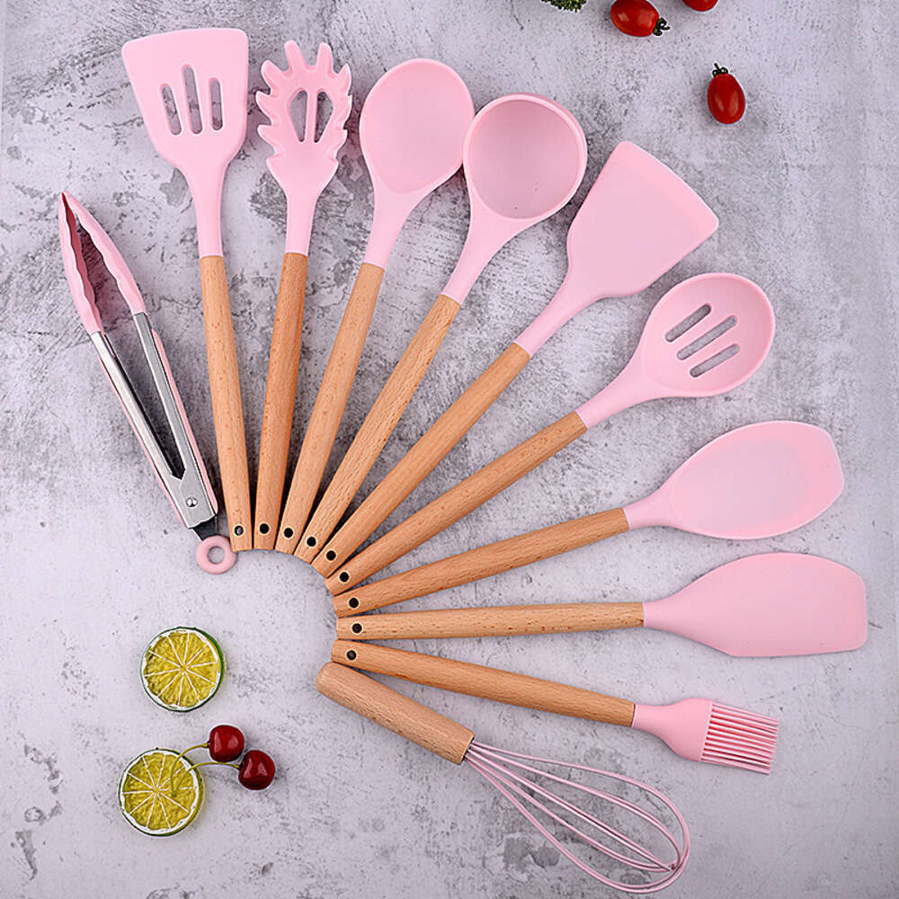 Reusable Adaptive Cooking Skimmer Wooden Tools Soft Non-stick Accessories 12 Pcs Silicone Kitchen Utensil Set for Baking Camping