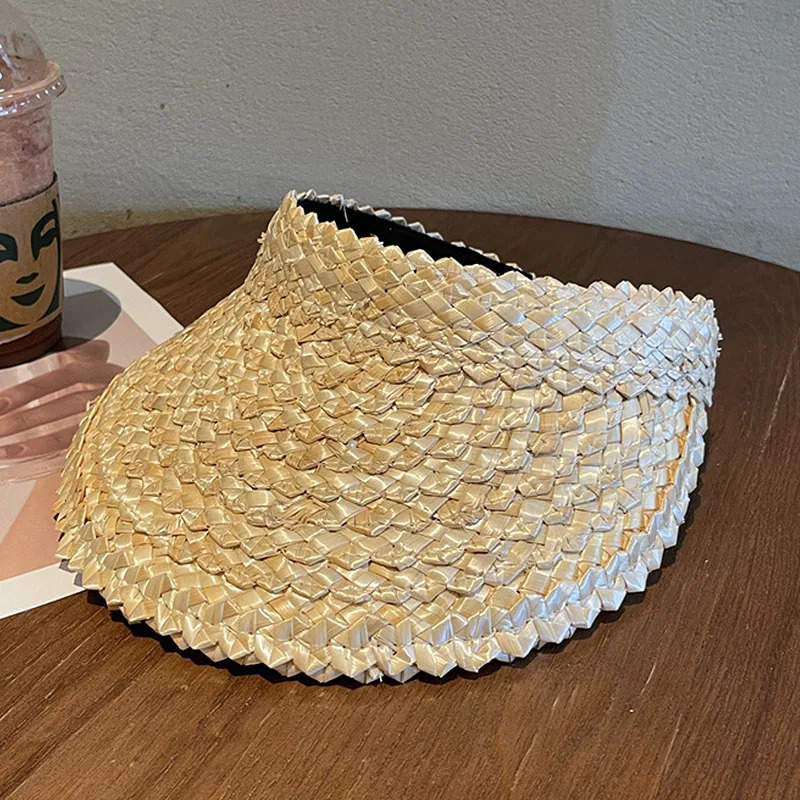 Rattan Sun Visor Hat for Women Natural PALM LEAF VISOR Wide Brim Cap Girl Sunshade Summer Straw Beach Derby Vacation 240309