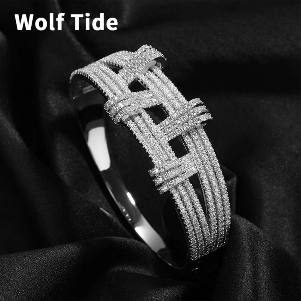 Hip Hop Geometric Double Layer Open Cuff Bangle Bracelet For Men And Women Metal Full Bling Diamond Aesthetic Gold Plated Rapper Cz Stone Jewelry Bijo