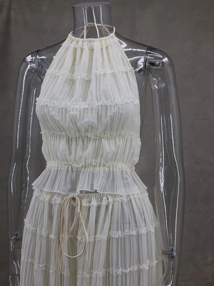 Women Two Piece Set Soild Hang Neck Backless Cropped Halter Tops Spring Summer Long Skirt Suit Lace Up Fold Night Club Outfits 240229