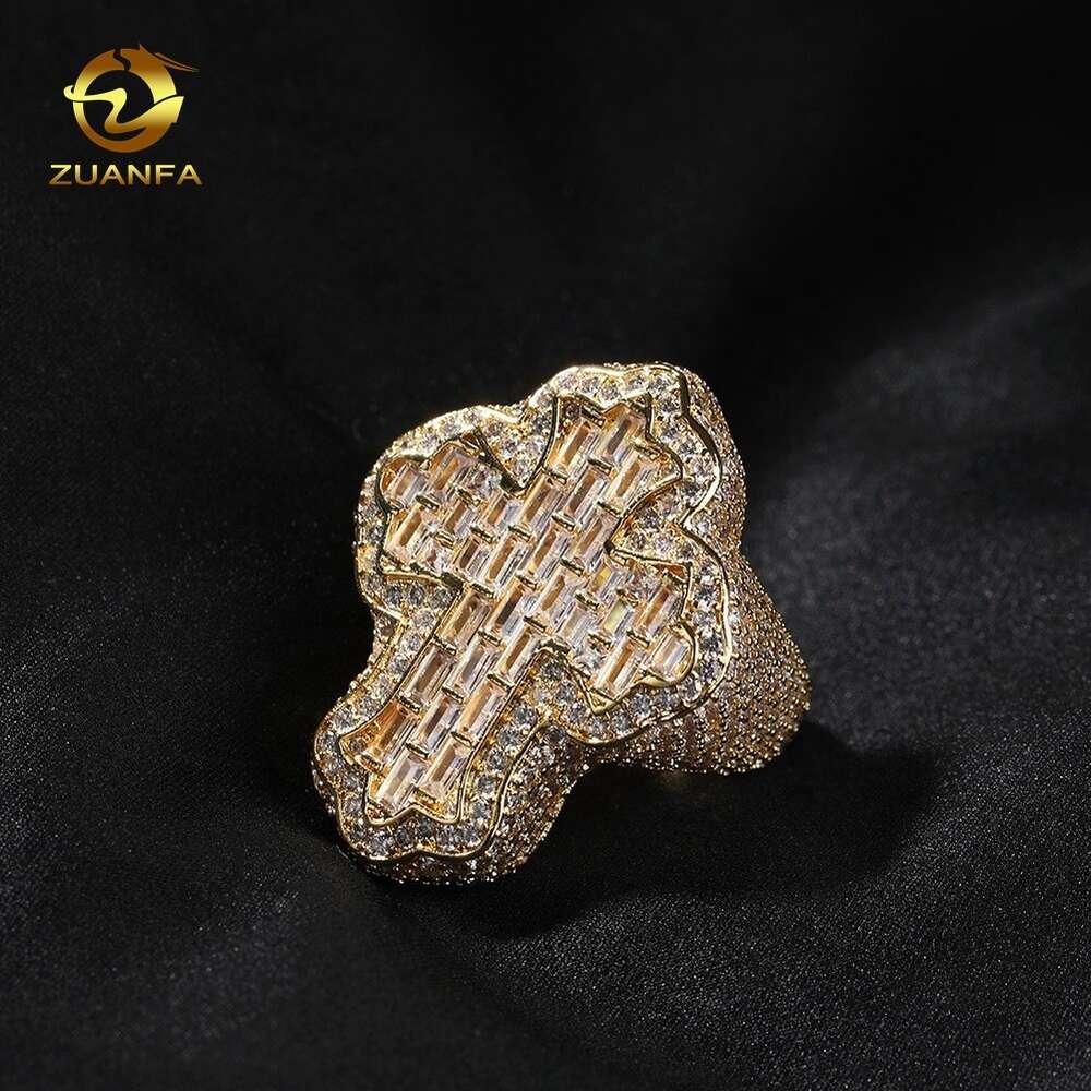 Zuanfa Jewelry Moissanite Hip Hop Ring 925 Sterling Silver Cross Ring Baguette Vvs Moissanite Men Diamond Ring