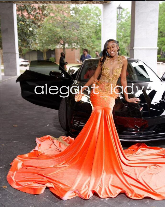 Orange Sparkly Long Evening Formal Dresses for Women Luxury Velvet Crystal Diamond Black Girl Prom Birthday Gala Dress 2024