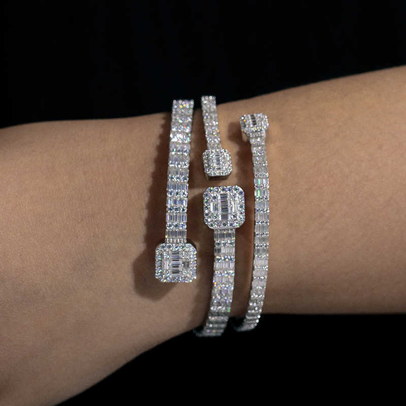 Pass Dia Tester 16.15ct 5.5mm Sterling Sier Baguette VVS Moissanite Iced Out Cuff Bangle Bracelet For Men Women