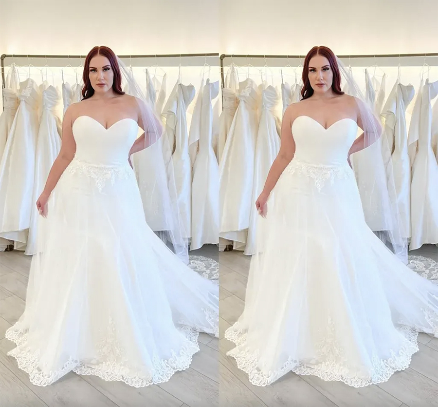 Beautiful Plus Size A Line Wedding Dresses for Bride Women Seetheart Tulle Lace Applique Backless Satin Court Train Bridal Gowns Vestidos De Noiva 050