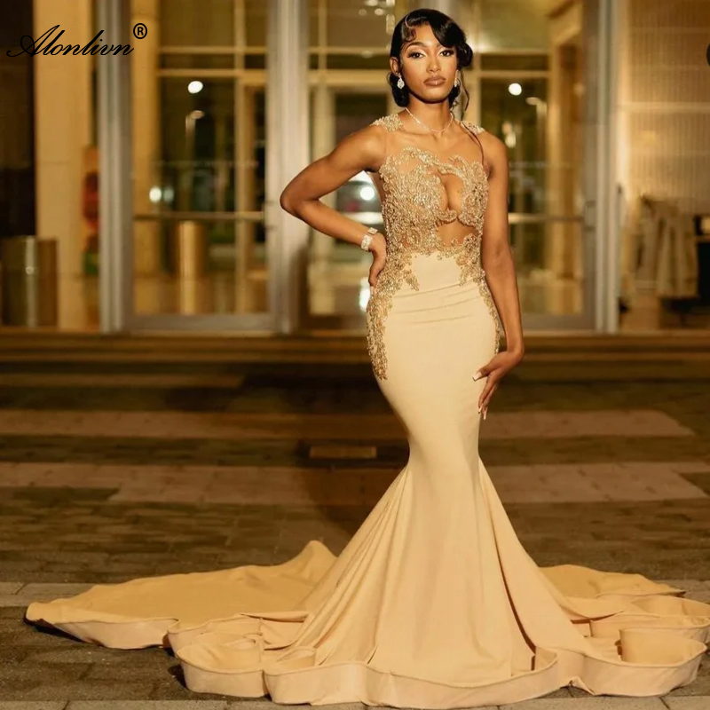 Elegant Flormal Prom Dresses Sheer Hollow O-Neck Luxury Beading Pearls Appliques Lace Crystals Velvet Mermaid Ladies Prom Party Gowns