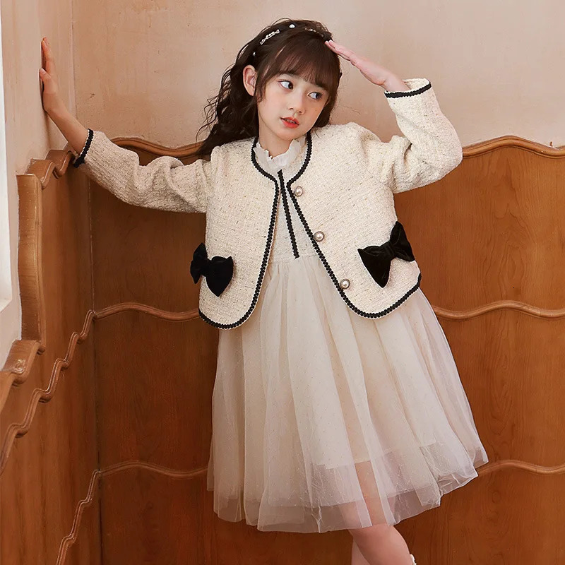 Two Piece Elegant Outfit Girls Tweed Jacket With Kids Princess Dress Set Long Sleeve Blazer Spring Autumn Children Costume TZ191 240227