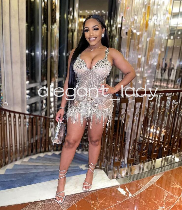 Silver Diamond Mini Cocktail Evening Dresses for Women 2024 Sparkly Luxury Crystal Tassel Black Girl Birthday Gala Prom Gown