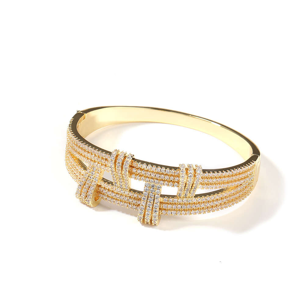 Hip Hop Geometric Double Layer Open Cuff Bangle Bracelet For Men And Women Metal Full Bling Diamond Aesthetic Gold Plated Rapper Cz Stone Jewelry Bijo