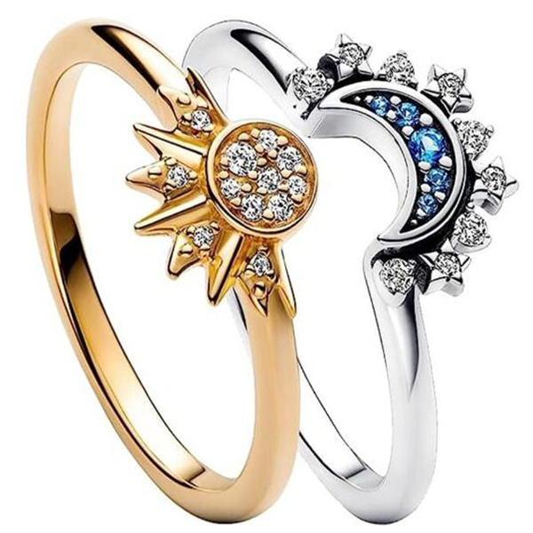 2pc/set Summer Couple Ring Set Sky Blue Sparkling Moon and Sun Ring 2024 New Women's Stackable Finger Set Engagement Jewelry