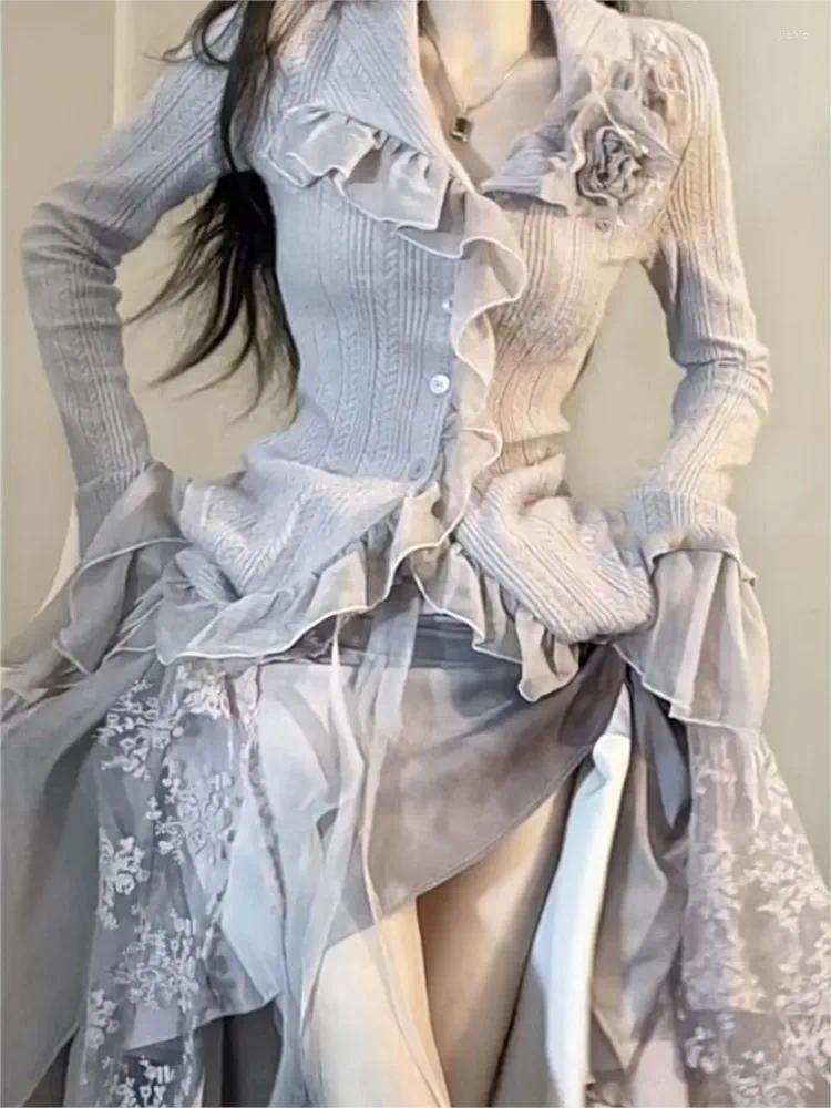 Work Dresses Vintage Two Pieces Sets Women Ruched Purple Sweet Elegant Skirts Suits Female Retro Floral Blouse Korean Ruffles Midi