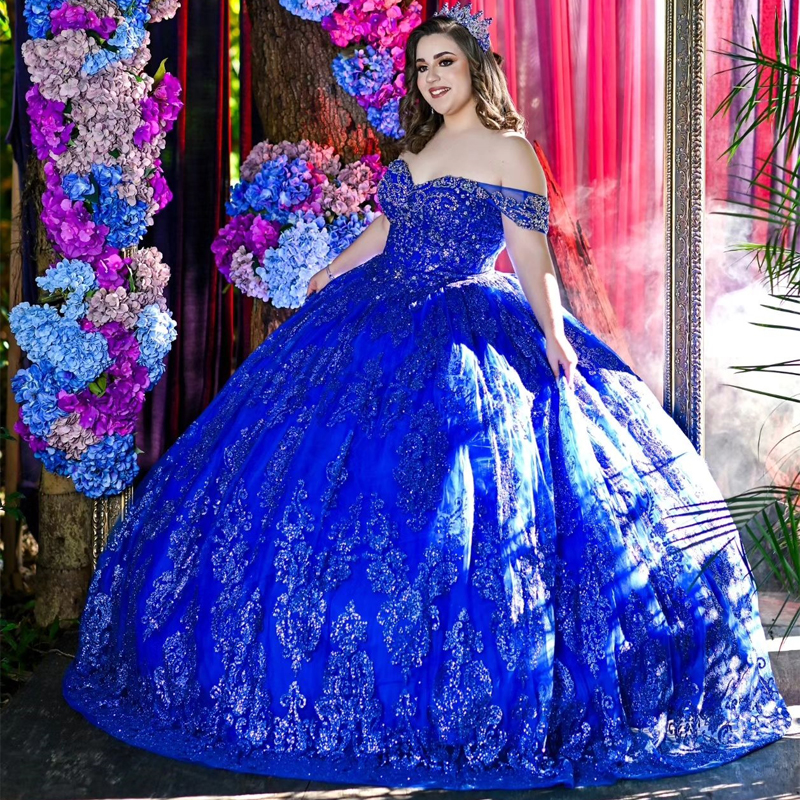 Mexico Royal Blue Shiny Quinceanera Dresses Sequin Applique Lace Crystal Tull Ball Gown Off The Shoulder Beading Corset Vestidos De 15 Anos Sweet 16 D