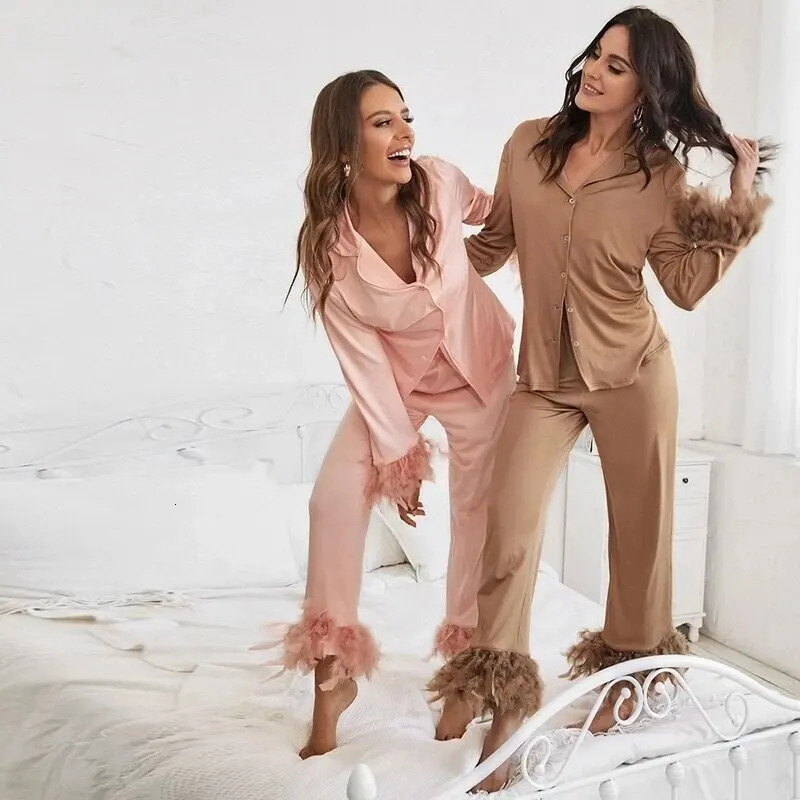 2 Pcs Women Sleepwear Set Long Sleeve and Pants Pajama Elegant Plain Pant Button Front Blouse 240226