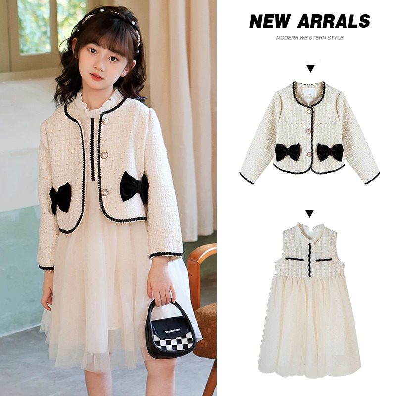 Two Piece Elegant Outfit Girls Tweed Jacket With Kids Princess Dress Set Long Sleeve Blazer Spring Autumn Children Costume TZ191 240227