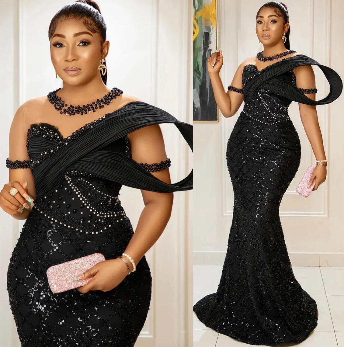 2024 Aso Ebi Black Mermaid Prom Dress Beaded Sheer Neck Evening Formal Party Second Reception 50th Birthday Engagement Gowns Dresses Robe De Soiree ZJ