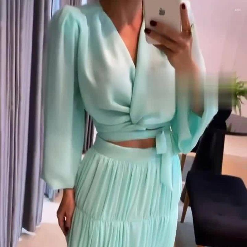 Work Dresses Ladies Elegant Long Sleeve 2pc Sets Sexy V-neck Lace Up Top With Pleated Skirt Suits 2024 Fashion Solid Cocktail Party Outfits