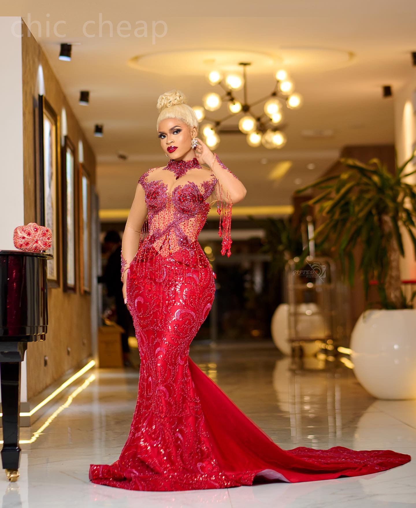 Aso Ebi Red Mermaid Prom Dress Crystals Beadings Sequined Evening Formal Party Second Reception Th Birthday Engagement Gowns Dresses Robe De Soiree ZJ