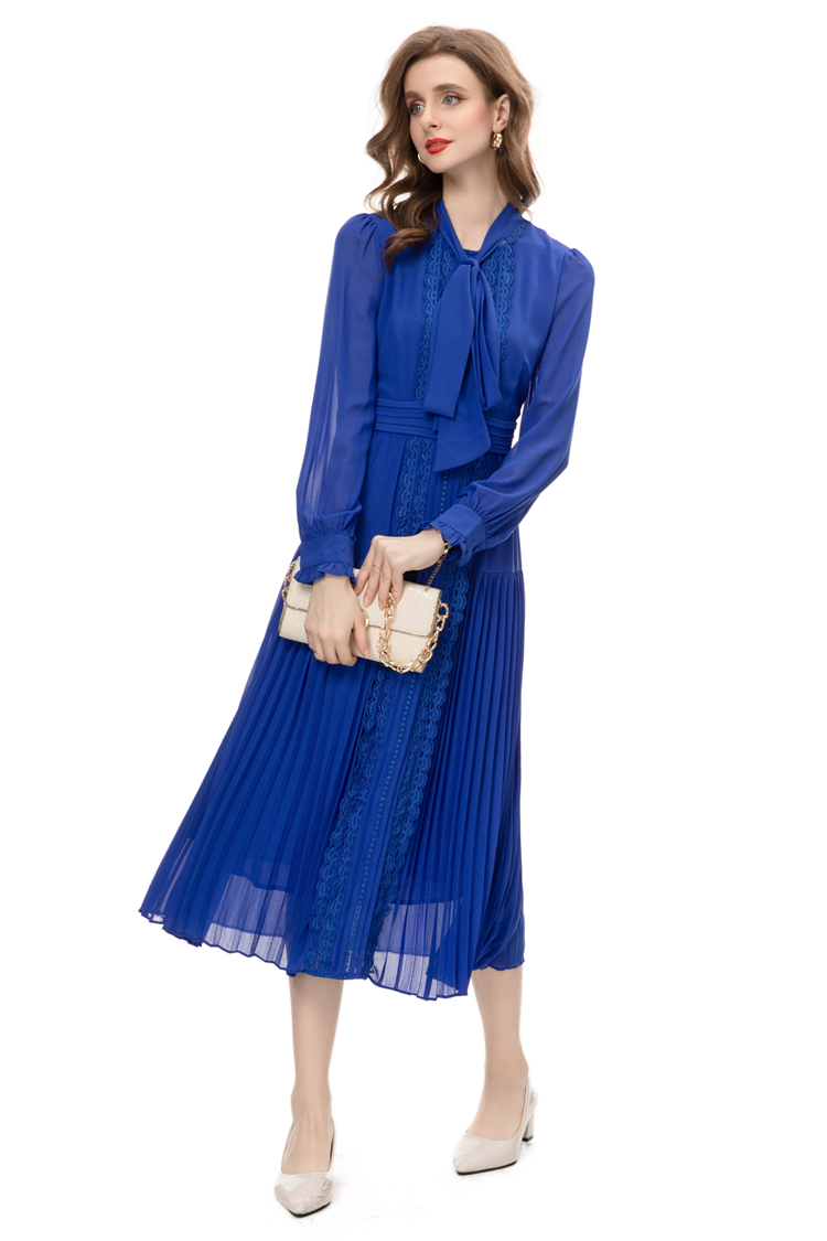 Women's Runway Dresses Bow Collar Long Sleeves Embroidery Lace Patchwork Pleated Elegant Mid Vestidos