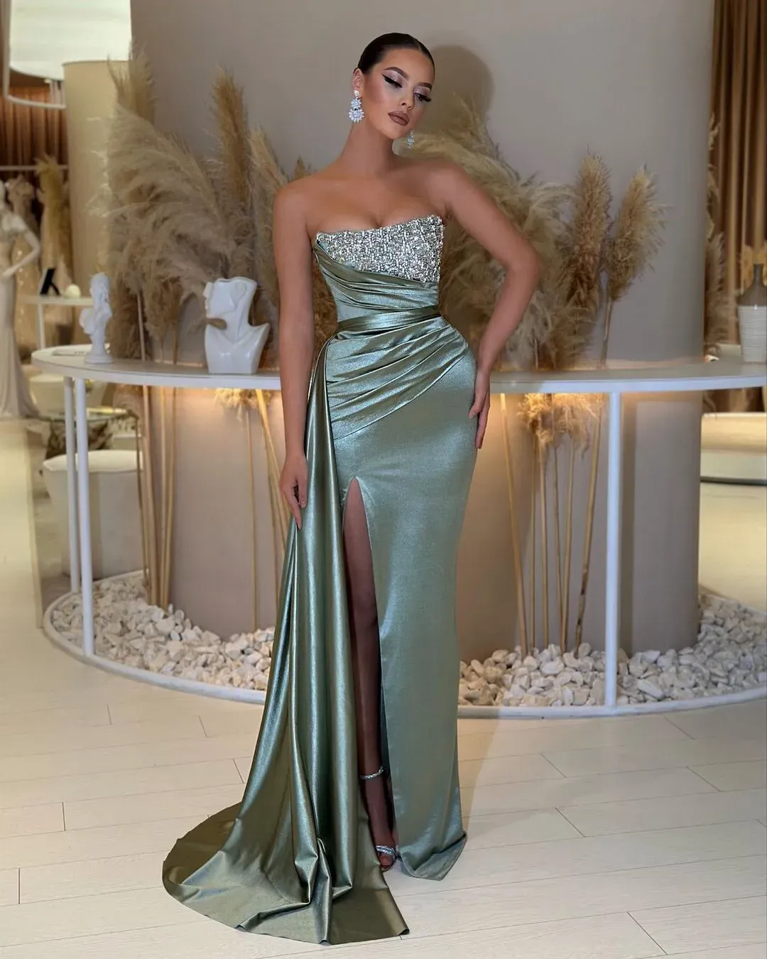 Elegant Green Prom Dresses Strapless Party Evening Dress Pleats Thigh Slit Formal Long Special Ocn Dress