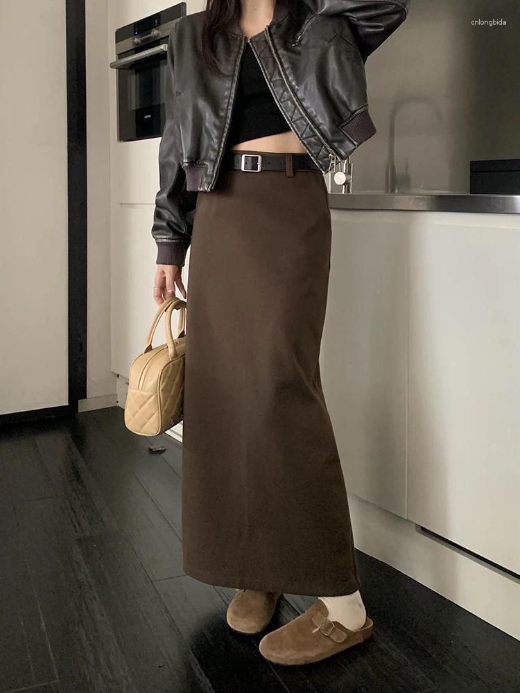 Skirts HOUZHOU Woolen Long Skirt Women 2024 Autumn Winter Korean Fashion Elegant High Waist Back Split Straight Maxi Office Lady