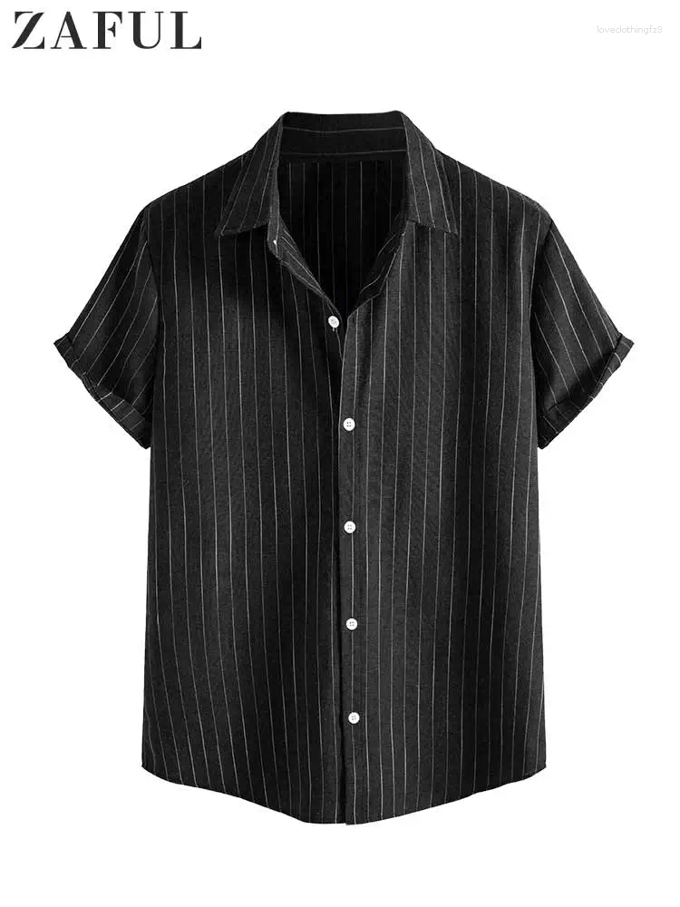 Men's Striped Short-Sleeve Cotton Casual Shirt, Summer Turn-Down Collar Streetwear Tops
