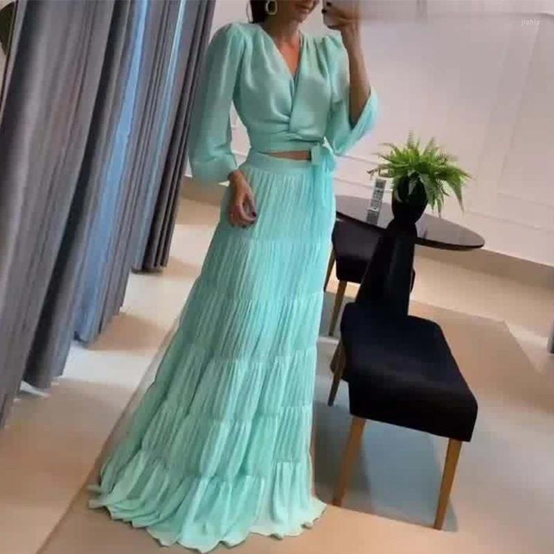 Work Dresses Ladies Elegant Long Sleeve 2pc Sets Sexy V-neck Lace Up Top With Pleated Skirt Suits 2024 Fashion Solid Cocktail Party Outfits