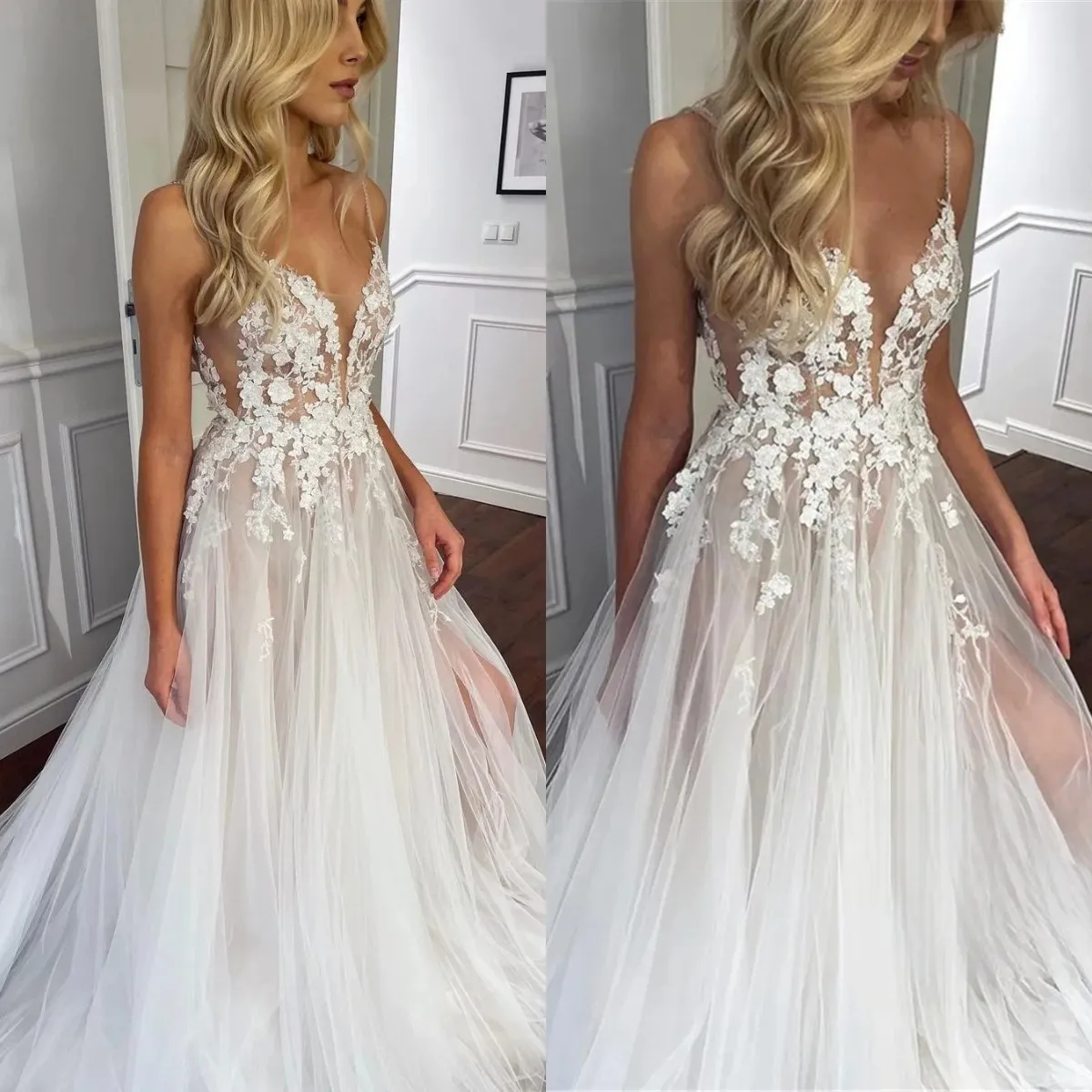 Sexy Backless Spaghetti A e Boho Beach Wedding Dresses Sheer V-Neck Side Split Long Tulle Bridal Gowns Lace Appliques 2024 Summer Bride Dress