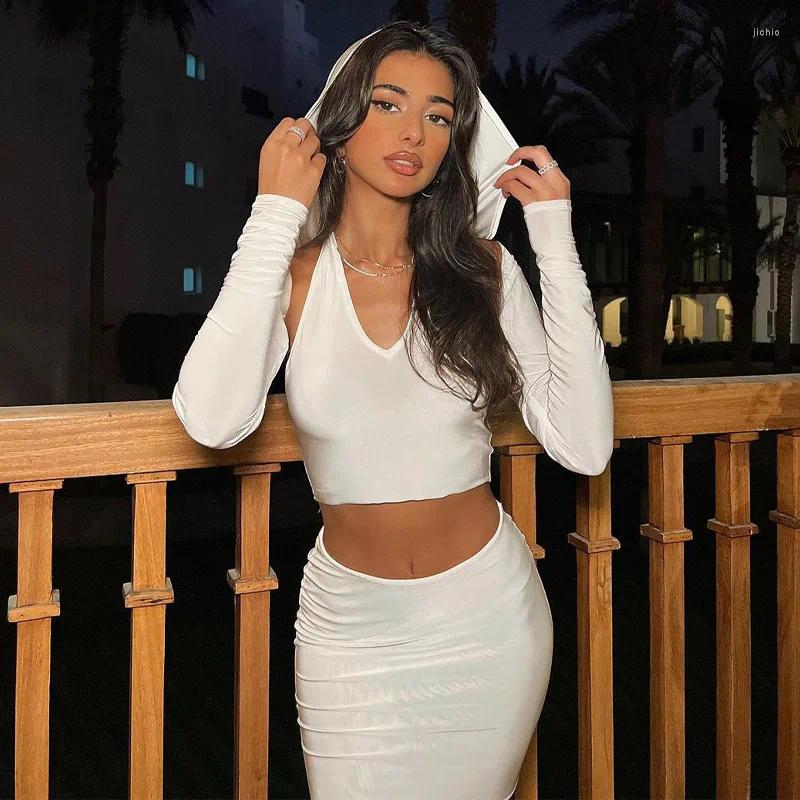 Work Dresses Sexy Three Piece Set Women Solid Long Sleeve Hooded Jacket Halter Vest Crop Tops Mini Skirts 2024 Autumn Bodycon Dress Sets