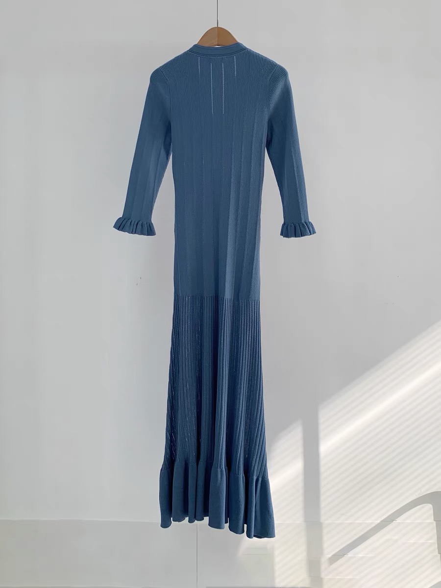 2024 -Spring/Summer New San ro French V-neck blue fishtail long dress summer 3/4 sleeve slimming dress
