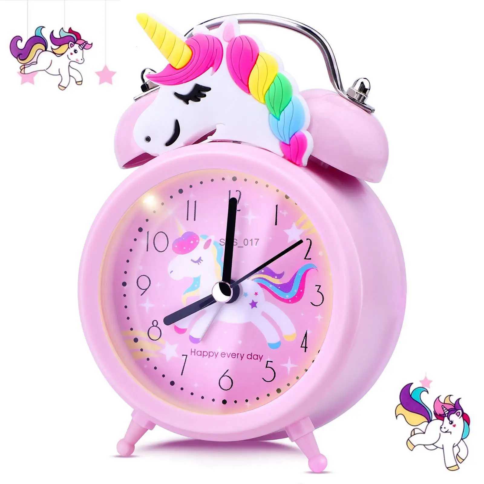 Other Clocks Accessories Pink Unicorn Kids Alarm Clock Double Bell Clock with Backlight Cute Desk Clock Home Decoration Kid Gifts reveil enfantL2403