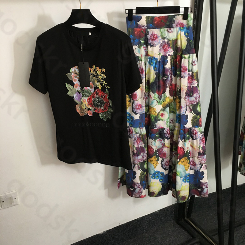 Sequins Beads Shirt Skirt Women Casual Loose Sweatshirt Fashion Printed High Waisted Half Skirt T Shirt 2 Piece Set