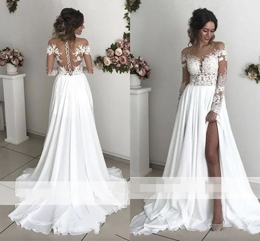 Exquisite Lace Chiffon A-e Wedding Dresses 2024 Sheer Neck Long Sleeves Side Split Sweep Train Back Cover Buttons Country Bridal Gowns