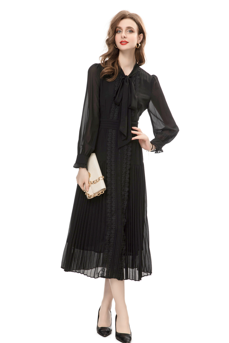 Women's Runway Dresses Bow Collar Long Sleeves Embroidery Lace Patchwork Pleated Elegant Mid Vestidos