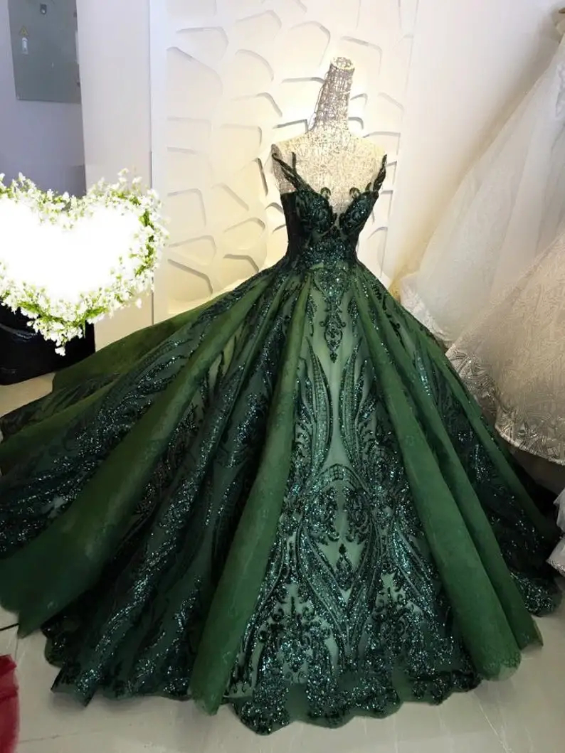 Sparkly Dark Green Sequin Quinceanera Dresses Sheer Short Sleeve Jewel Neck Ball Gown Prom Party Wear Girls Sweet 15 Years Dress