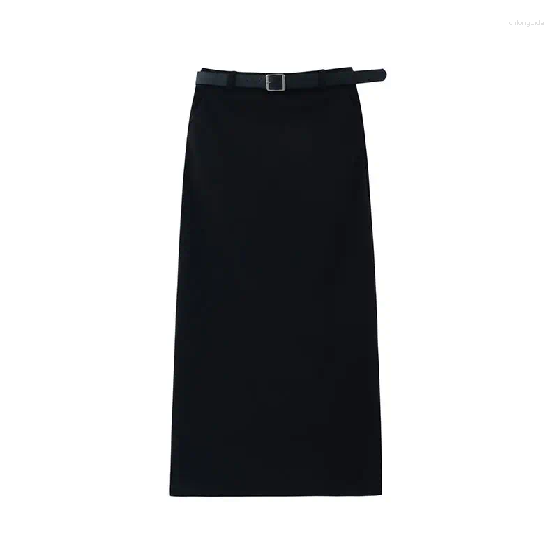 Skirts HOUZHOU Woolen Long Skirt Women 2024 Autumn Winter Korean Fashion Elegant High Waist Back Split Straight Maxi Office Lady