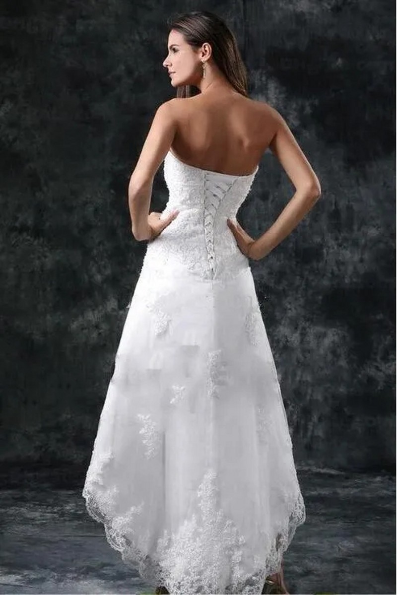 2024 High Low Wedding Party Dress Strapless Appliques Lace Little White Ivory Lace Up Back Beach Bride Gowns Vestidos De Novias Robe De Mariage