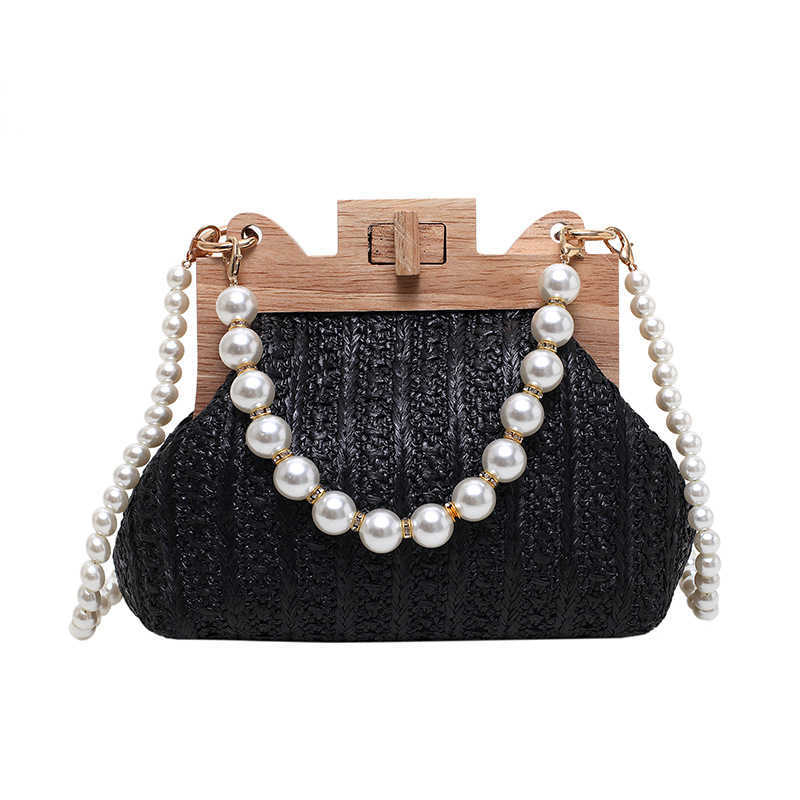 Women s Grass Woven Bag Beach Simple and Sweet Handbag 2024 New Pearl Chain Shoulder 240312